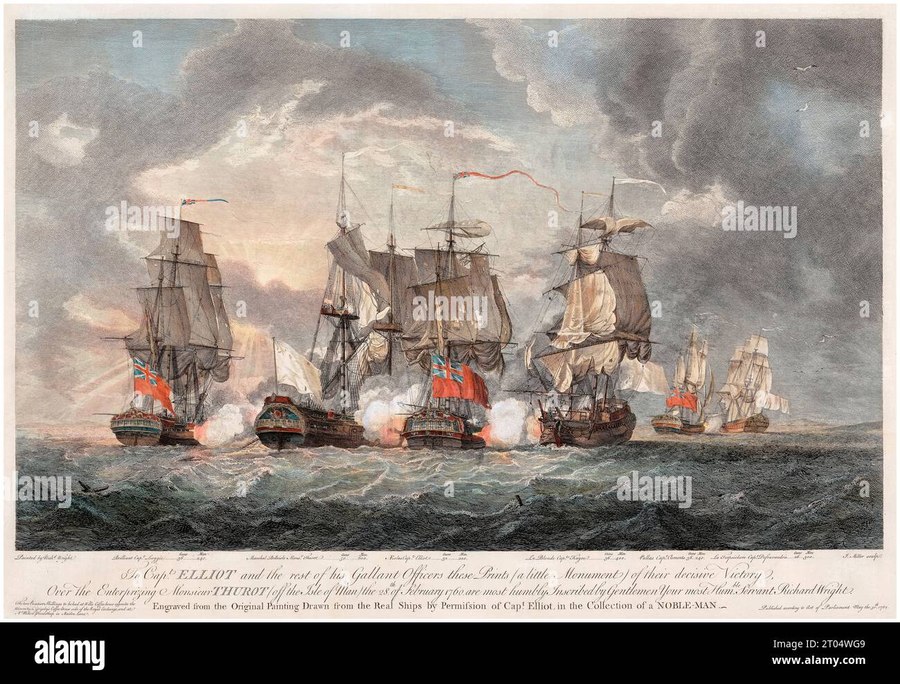 The Battle of Bishops Court, 28 febbraio 1760, Ramsay Bay, Isola di Man, incisione di J Miller dopo un acquerello di Richard Wright, 1762 Foto Stock