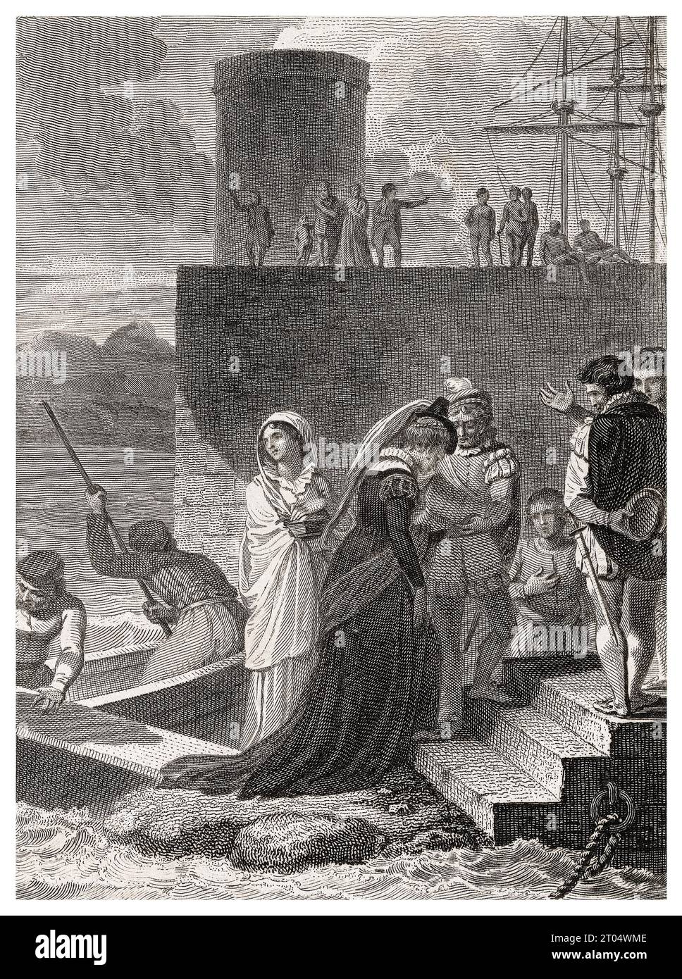 Mary Queen of Scots, sbarco in Inghilterra, incisione di James Neagle dopo Robert Smirke, 1810 Foto Stock