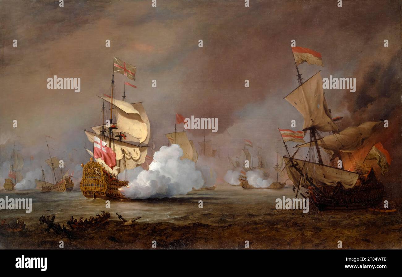 Una battaglia della terza guerra anglo-olandese, probabilmente HMS London nella battaglia di Texel, agosto 1673, dipinto ad olio su tela di Willem van de Velde il giovane, intorno al 1700 Foto Stock