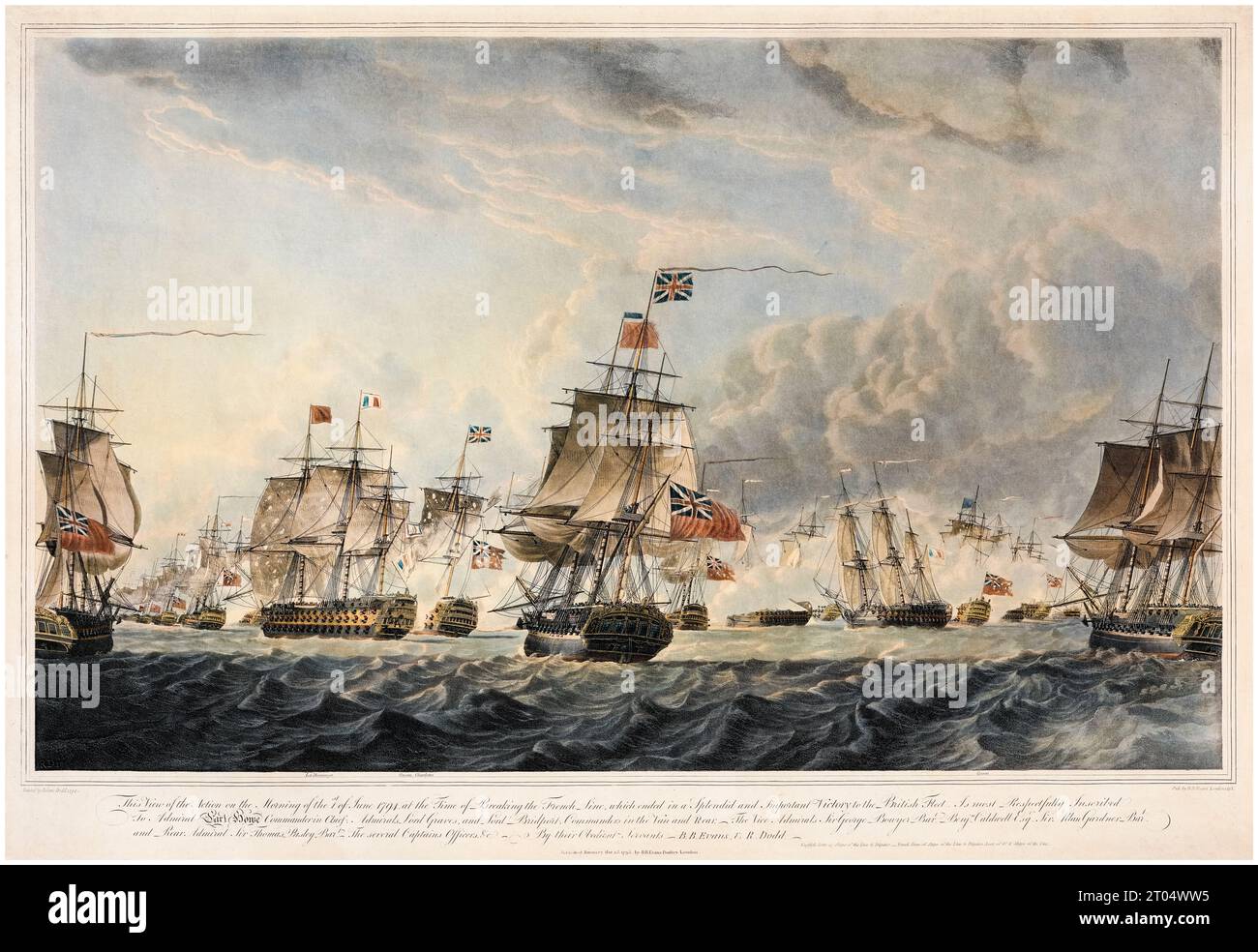 Howe's Victory Off Ushant, 'The Glorious First of June' (1st June 1794) conosciuto anche come la 'quarta battaglia di Ushant', stampa acquatinta da un acquerello dipinto di Robert Dodd, 1795 Foto Stock