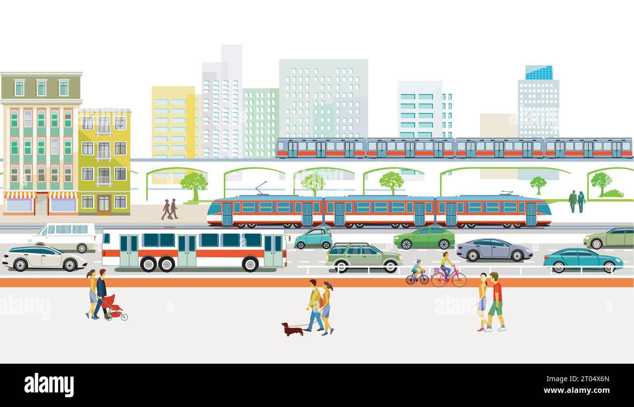 Traffico stradale e treno con illustrazione delle persone Illustrazione Vettoriale