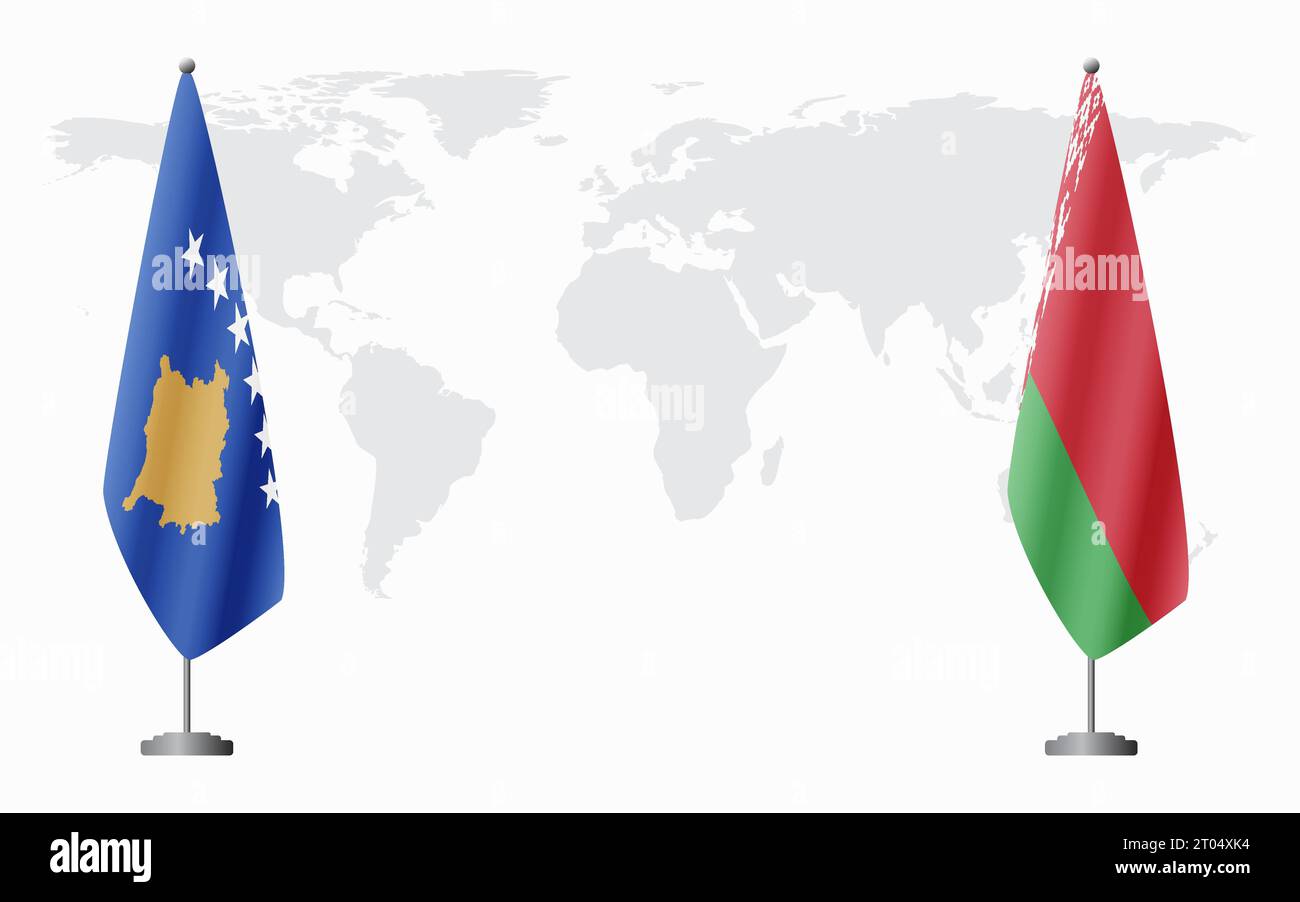 Kosovo e bandiere bielorusse per incontri ufficiali sullo sfondo della mappa mondiale. Illustrazione Vettoriale
