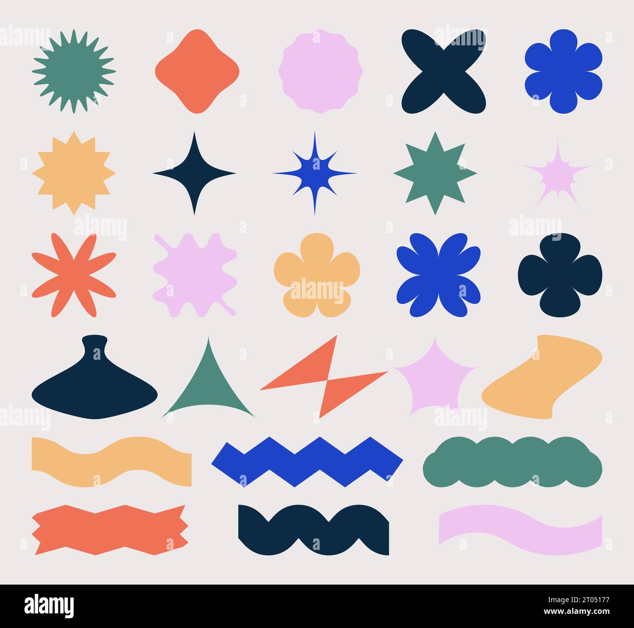 Crea forme geometriche astratte in stile brutalismo. Elementi vettoriali primitivi minimalisti, varie forme di base. Figure semplici, fiori, stelle, onde e. Illustrazione Vettoriale