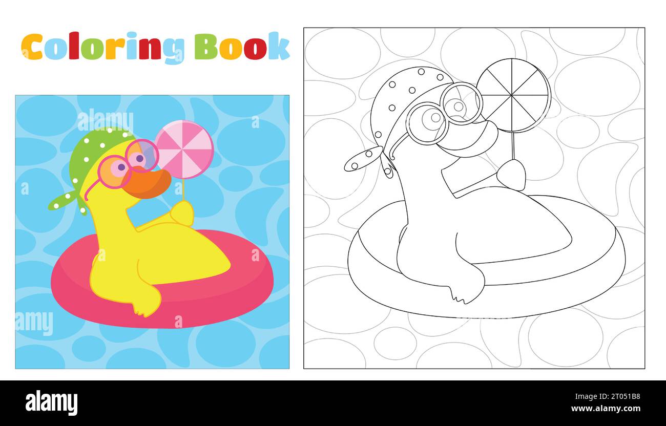 Una divertente anatra nuota in una pagina di colorazione della piscina rosa gonfiabile. L'anatra indossa occhiali da sole rosa, una polka dot bandana e tiene in mano un lecca-lecca Illustrazione Vettoriale