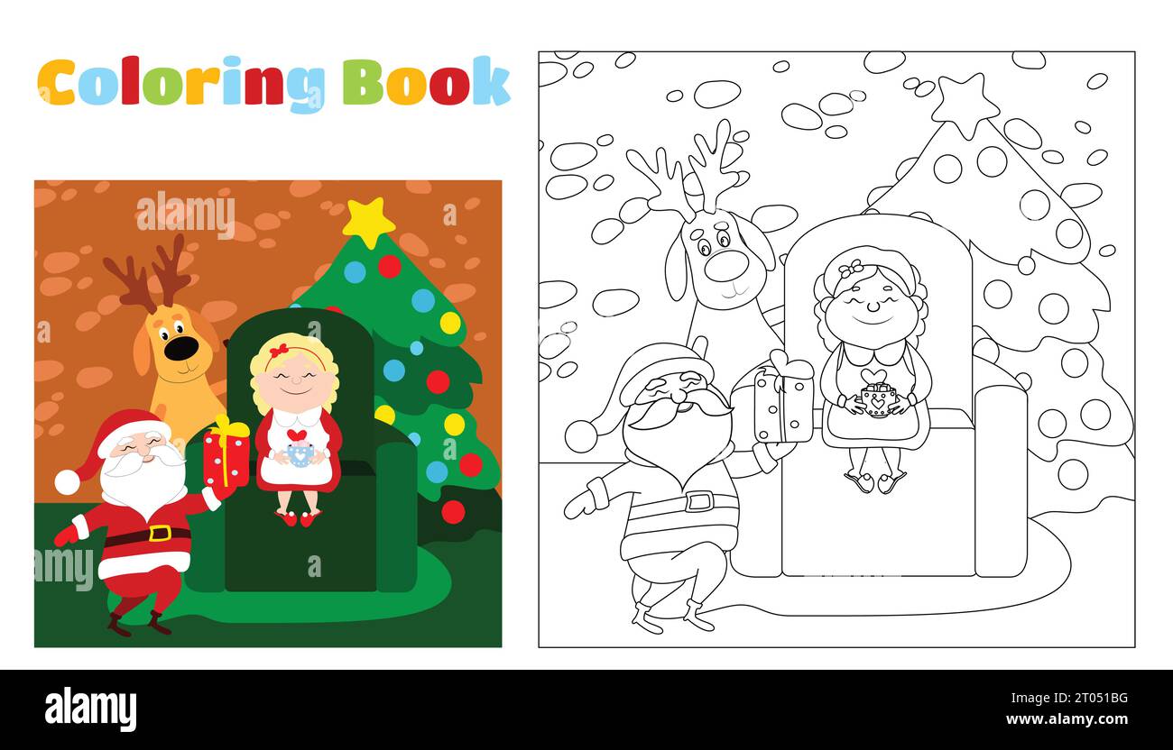 Pagina di colorazione natalizia la signora Babbo Natale è seduta su una sedia con una tazza di bevanda calda. Vicino a lei ci sono un cervo e Babbo Natale. Illustrazione Vettoriale