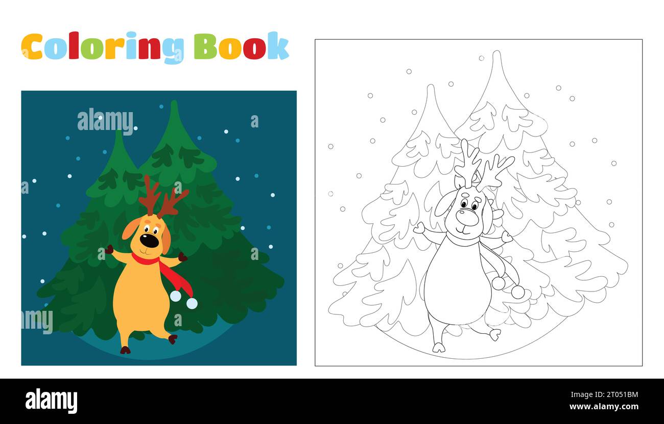 Libro da colorare natalizio per bambini e adulti. Un cervo con una sciarpa rossa balla sullo sfondo degli alberi di Natale. Scena natalizia in cartoni animati Illustrazione Vettoriale