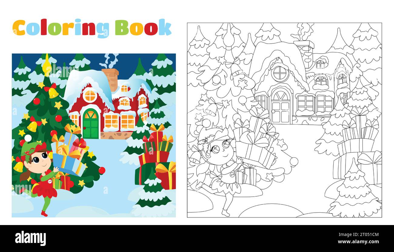 Un piccolo elfo porta dei regali davanti alla casa di Babbo Natale. Colorazione natalizia per bambini. Pagina di colorazione quadrata verticale. Illustrazione Vettoriale