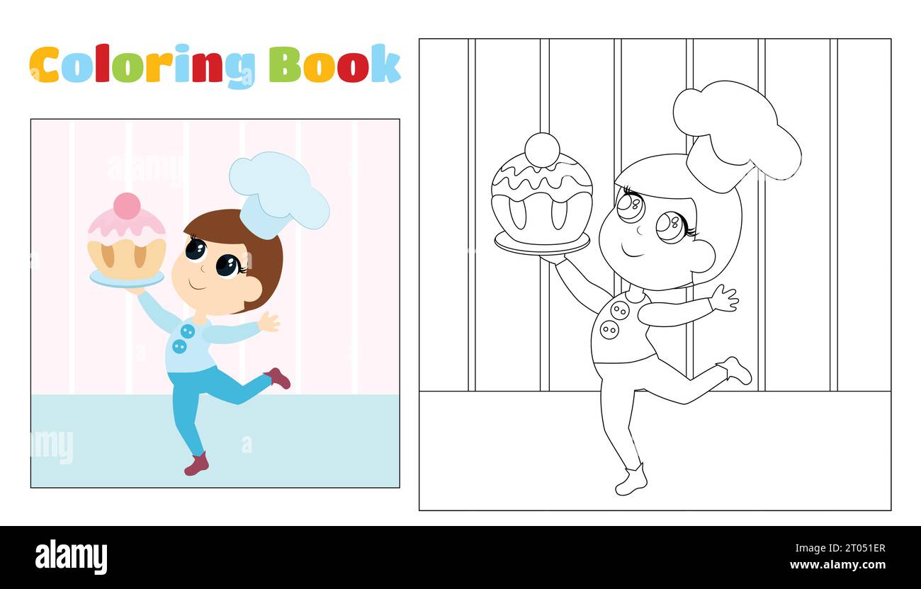 Libro da colorare per bambini, un ragazzo con un cappello da chef con un dolce cupcake in mano. Illustrazione Vettoriale