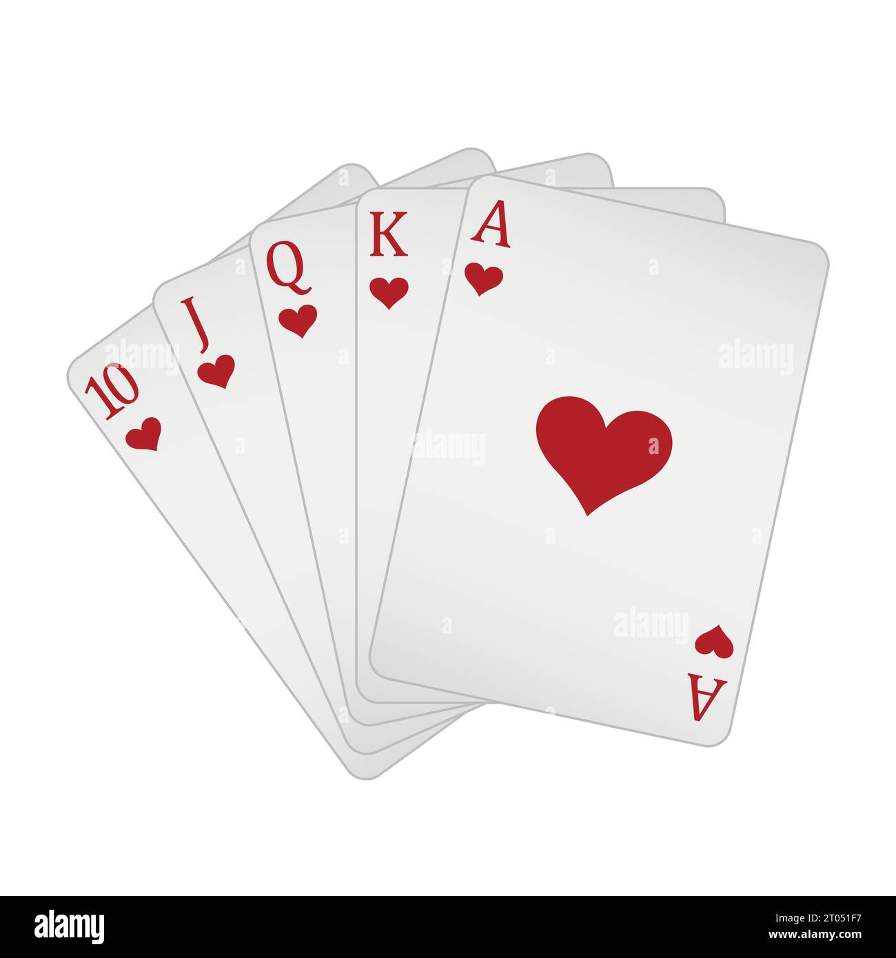 Carte da gioco - una mano di poker composta da un cuori di scala reale 10 J Q K A, illustrazione vettoriale isolata su bianco Illustrazione Vettoriale