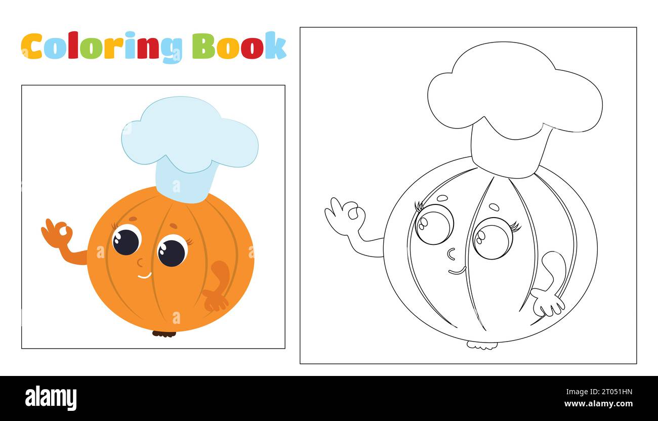 Adorabile cipolla da colorare per bambini con un cappello da chef. Pagina da colorare per bambini di età compresa tra i 4-8 anni nelle asili e nelle scuole elementari. Illustrazione Vettoriale