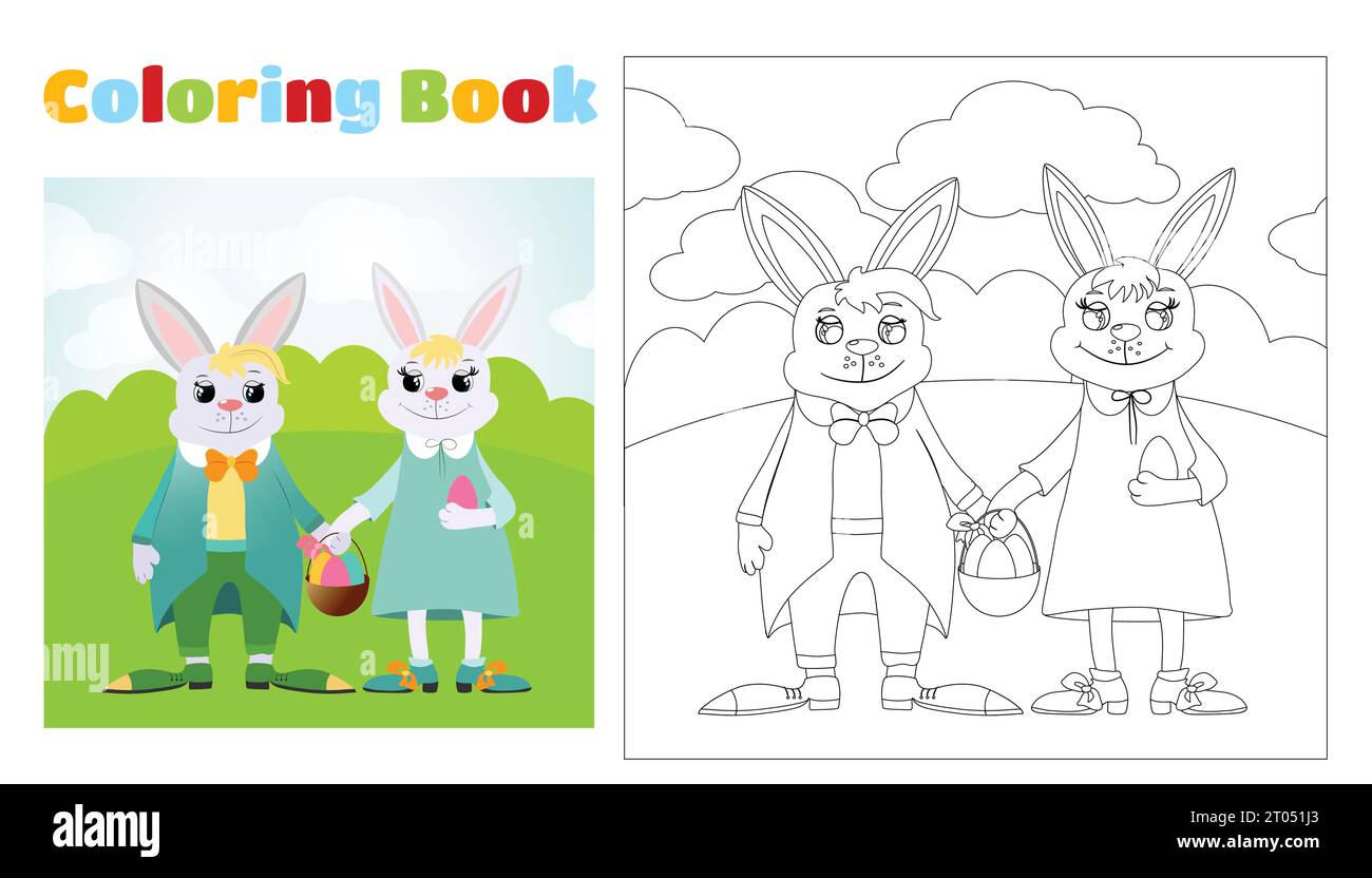 I coniglietti pasquali da colorare per i bambini vestiti con un abito e un abito in erba verde. Pagina da colorare per bambini di età compresa tra i 4-11 anni in asilo ed eleme Illustrazione Vettoriale
