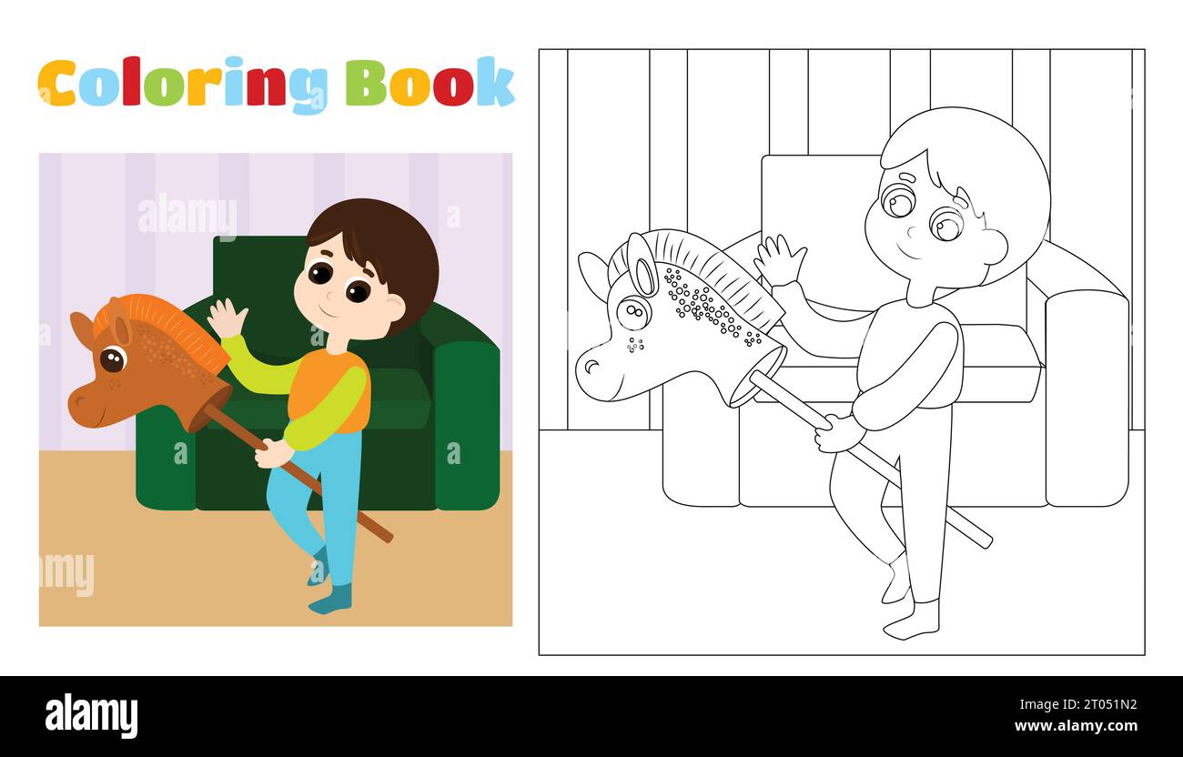Il ragazzo colorante per bambini cavalca un cavallo giocattolo in stile cartone animato. Pagina da colorare per bambini di 4-8 anni all'asilo e alla scuola elementare Illustrazione Vettoriale