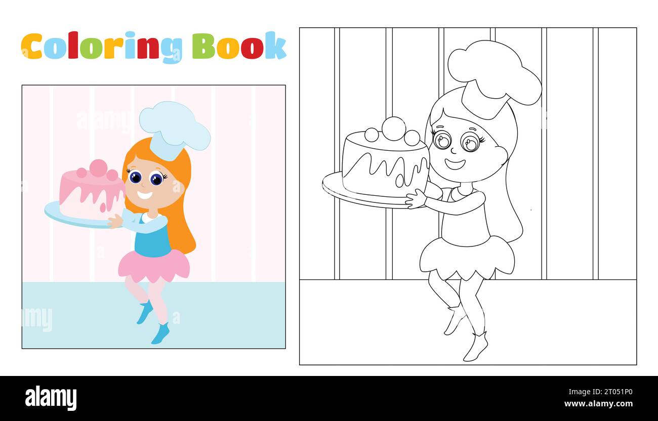 Pagina da colorare per bambini di una ragazza con un cappello da chef con una torta in mano. Pagina da colorare per bambini di età compresa tra 4-11 anni in asili. Illustrazione Vettoriale