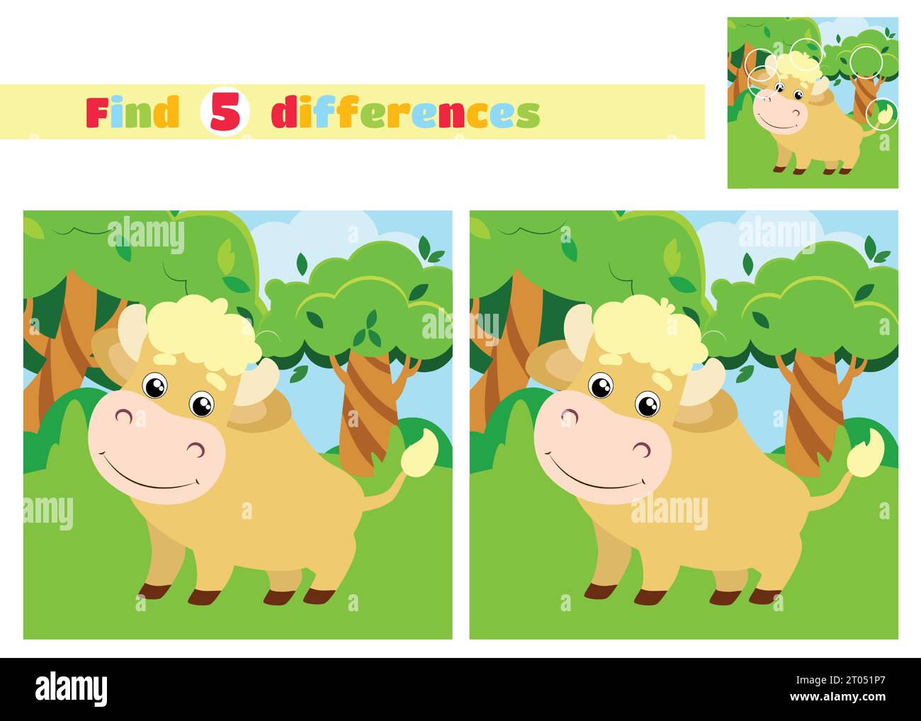 Trova le differenze. Bel toro nel parco vicino agli alberi in stile cartoni animati. Un gioco educativo per i bambini delle scuole elementari o dell'asilo. Illustrazione Vettoriale