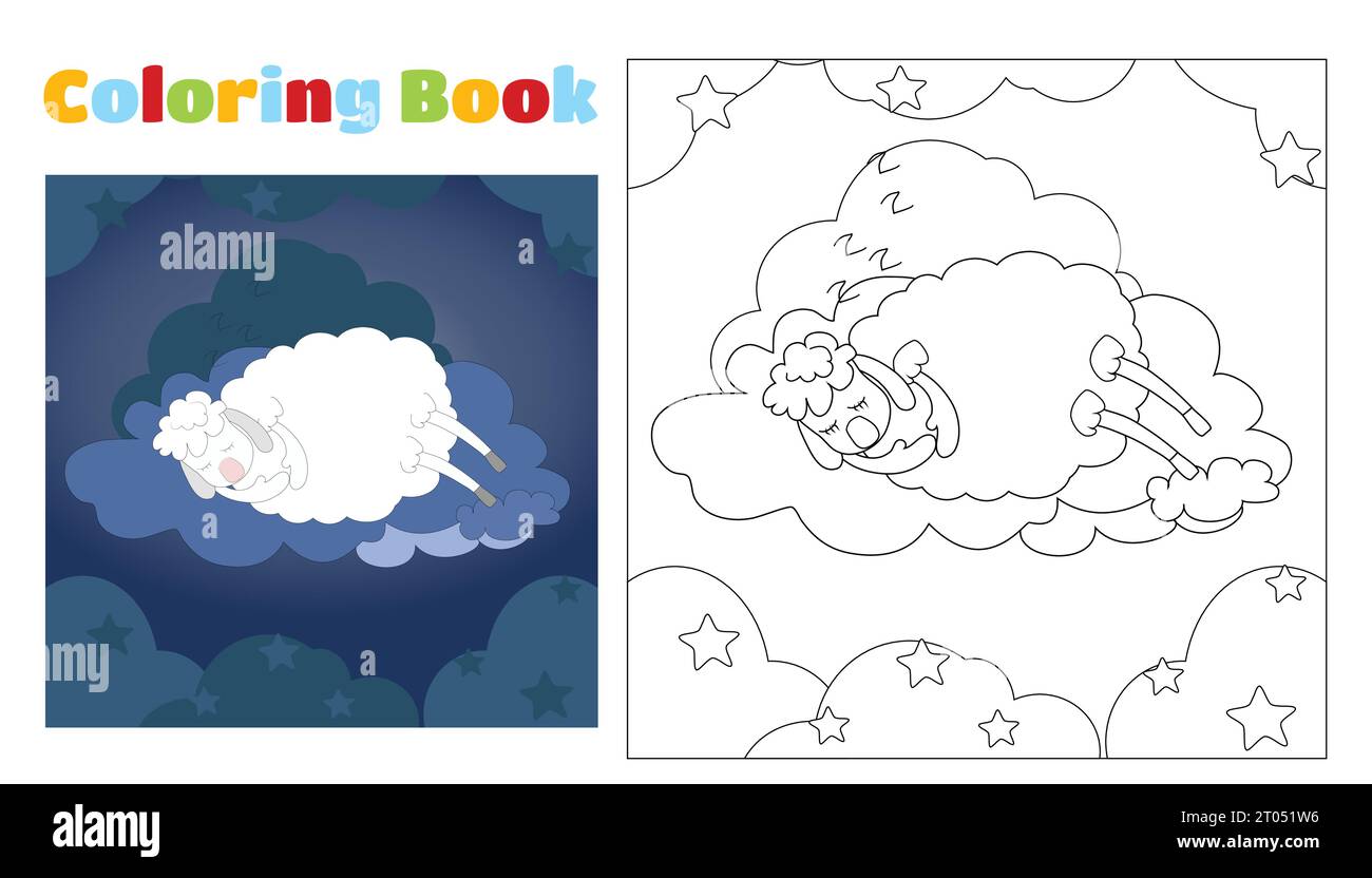 Libro da colorare per bambini carine pecore dormono su una nuvola tra le stelle e le nuvole. Pagine da colorare per l'asilo o la scuola elementare. Illustrazione Vettoriale