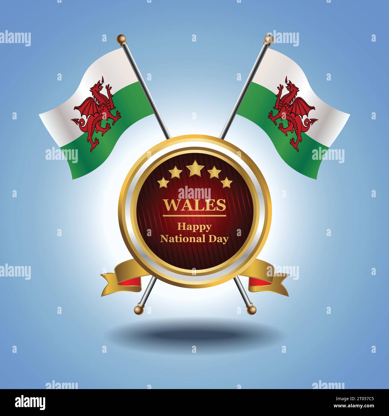 Piccola bandiera nazionale del Galles su Circle con sfondo blu garadasi Illustrazione Vettoriale