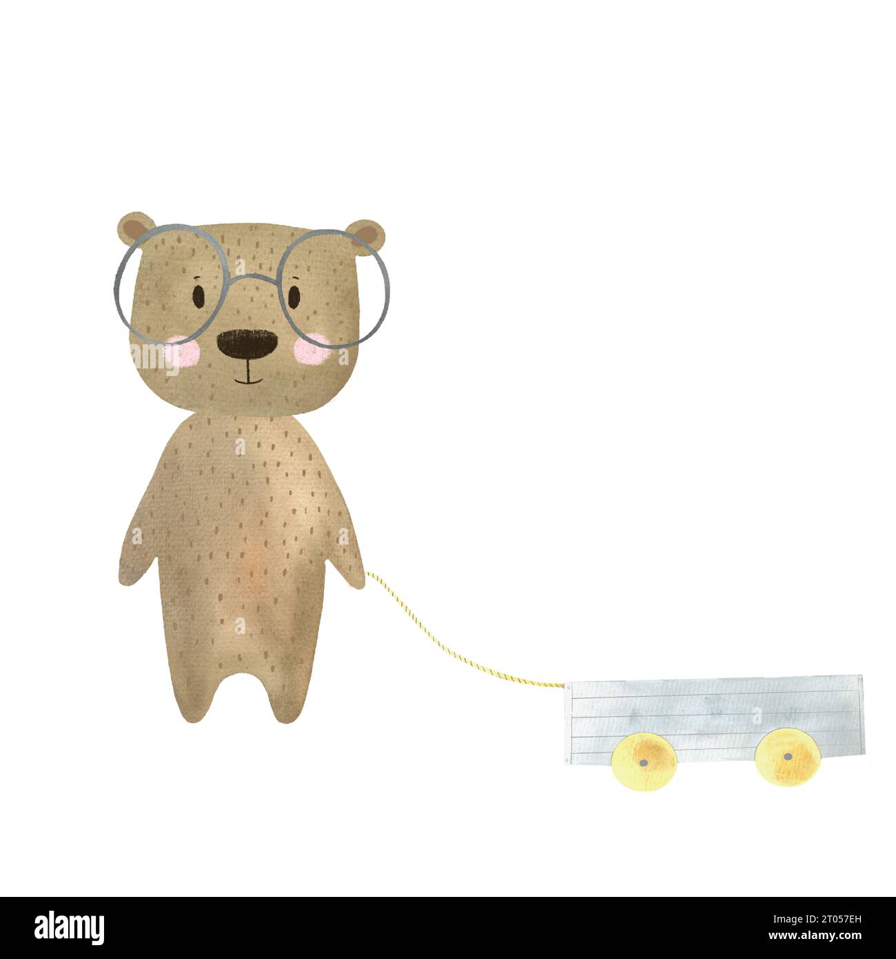 piccolo orsacchiotto con un carrello giocattolo in zampe, un orso con occhiali con un carrello dipinto ad acquerello a mano Foto Stock