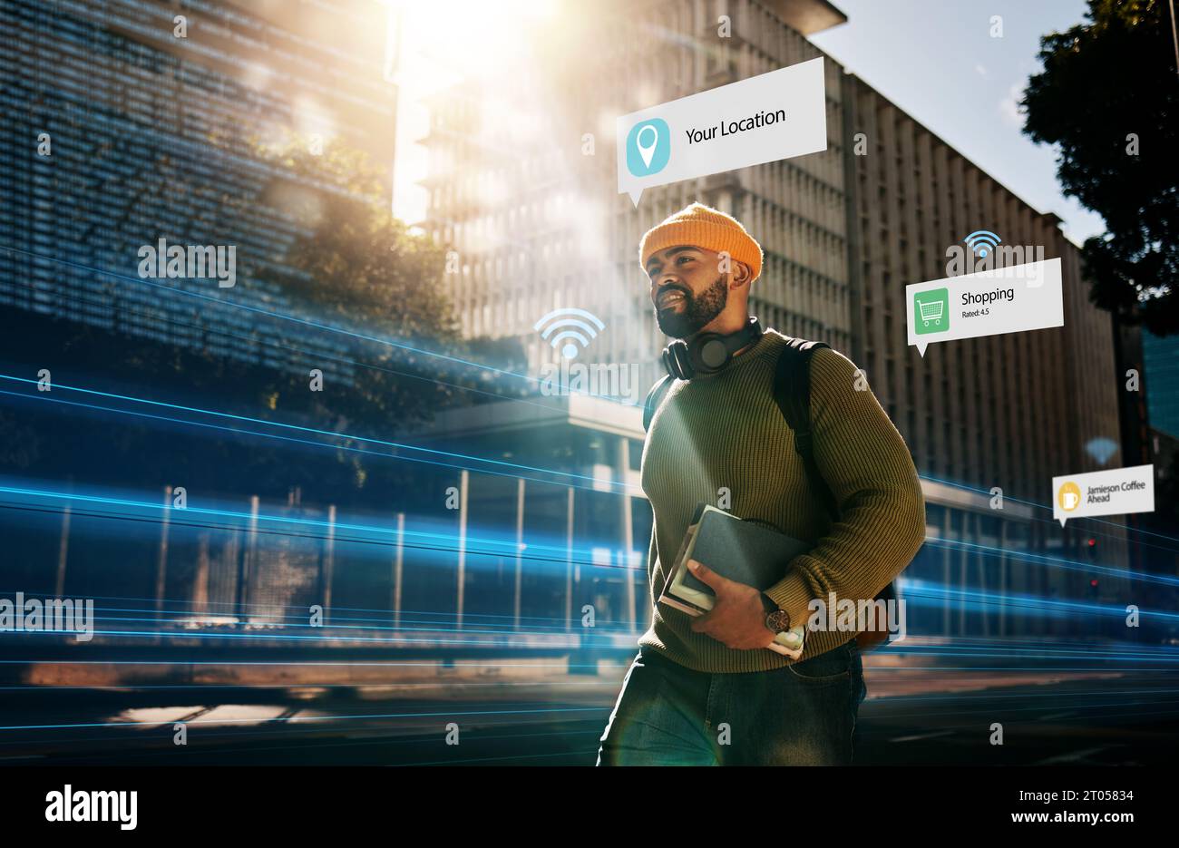 Realtà aumentata, connessione e camminata degli studenti in città con ologramma per viaggi futuristici su Internet in città all'aperto. Digitale, digitale e uomo Foto Stock
