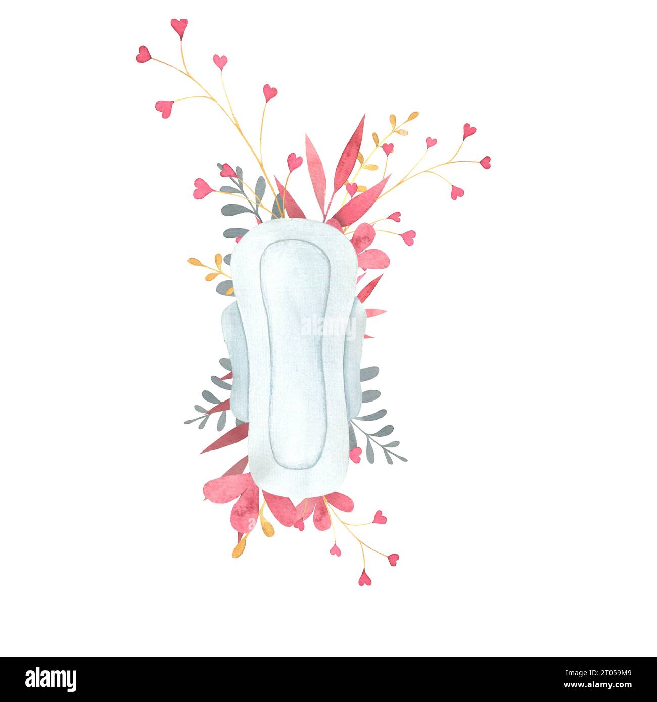 tovaglioli sanitari, prodotti per l'igiene femminile, illustrazione ad acquerello, tovaglioli sanitari sullo sfondo di ramoscelli di fiori Foto Stock