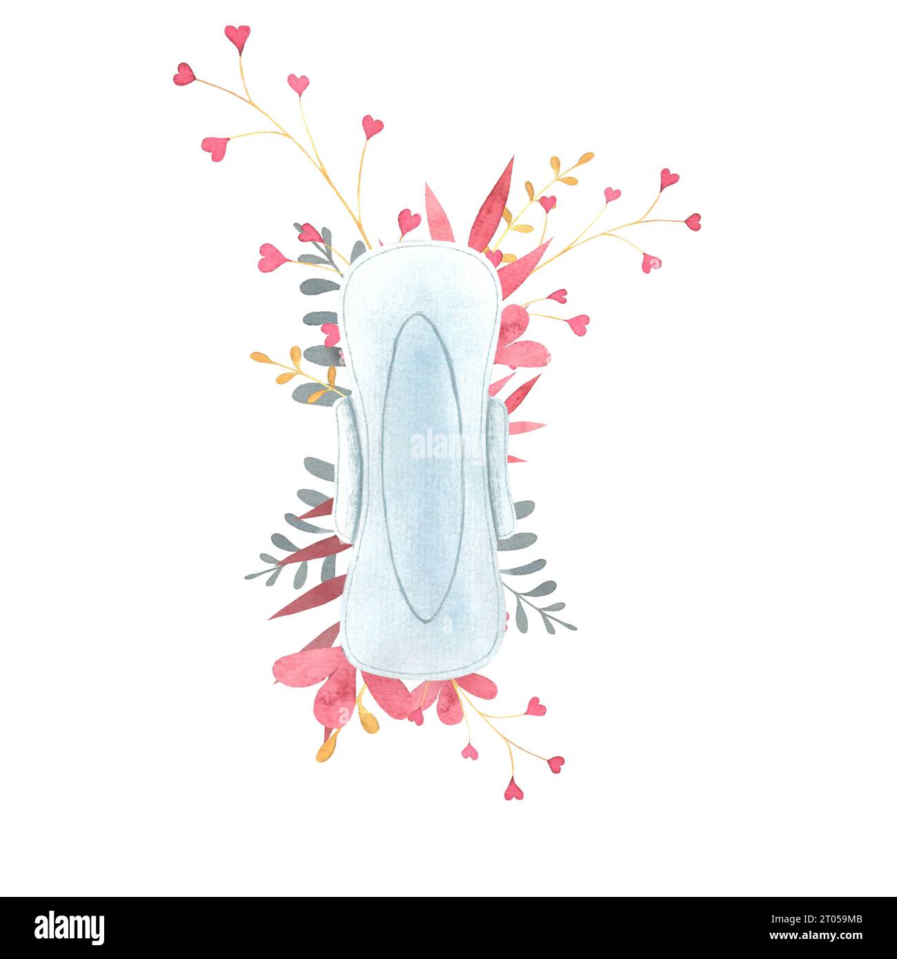 tovaglioli sanitari, prodotti per l'igiene femminile, illustrazione ad acquerello, tovaglioli sanitari sullo sfondo di ramoscelli di fiori Foto Stock