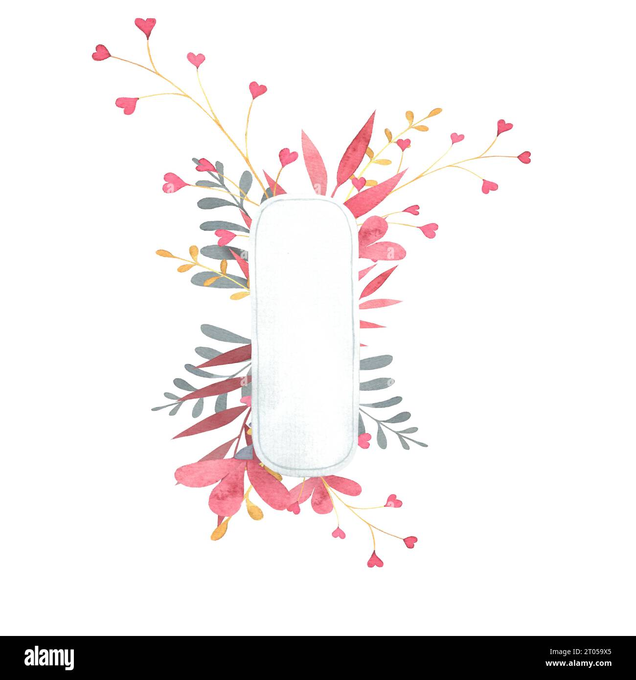 tovaglioli sanitari, prodotti per l'igiene femminile, illustrazione ad acquerello, tovaglioli sanitari sullo sfondo di ramoscelli di fiori Foto Stock