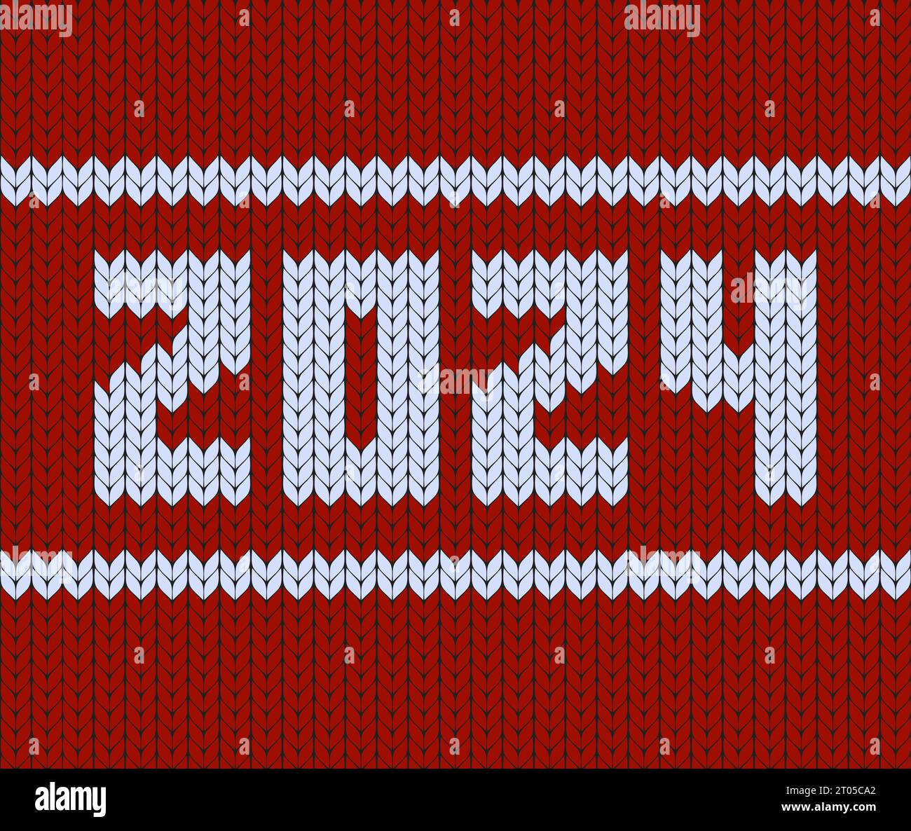 modello di maglieria 2024. Il design artigianale, accogliente, rosso e bianco, è perfetto per i tuoi progetti a tema vacanze, per gli appassionati di moda e per gli amanti dell'artigianato Illustrazione Vettoriale