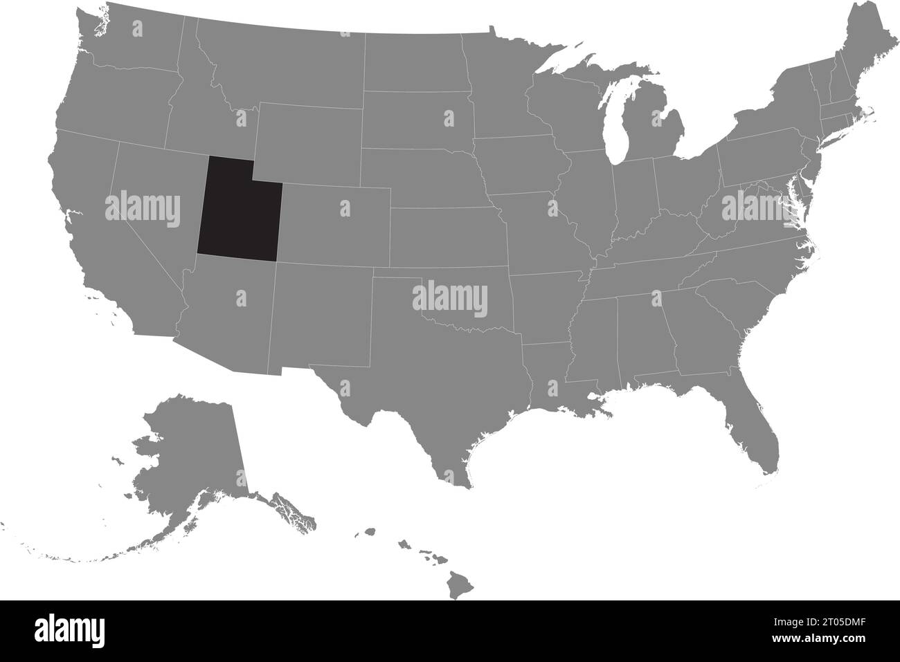 Mappa federale nera dello UTAH CMYK all'interno di una mappa politica grigia e vuota degli Stati Uniti d'America su sfondo trasparente Illustrazione Vettoriale