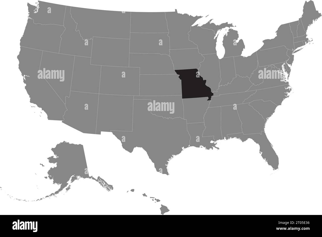 Mappa federale del MISSOURI CMYK nera all'interno di una mappa politica grigia e vuota degli Stati Uniti d'America su sfondo trasparente Illustrazione Vettoriale