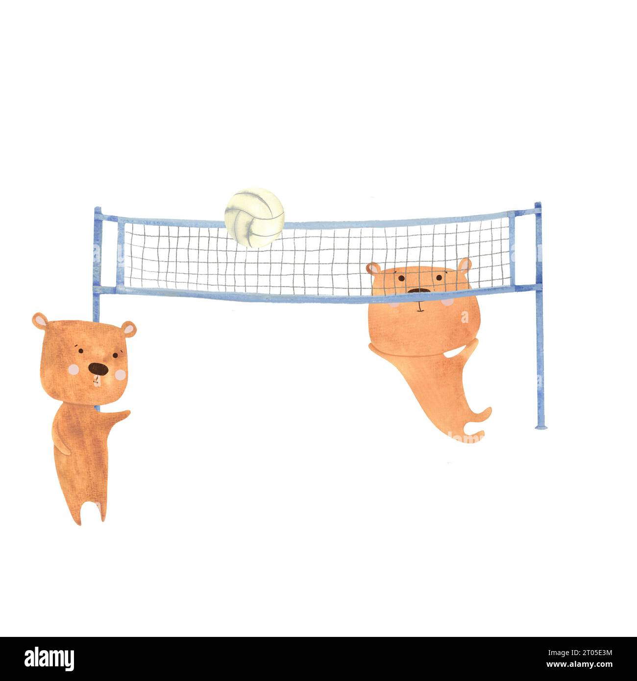 orsi teddy che giocano a pallavolo, simpatico gioco di sport con orsi, pallavolo con rete ad acquerello disegnata a mano Foto Stock