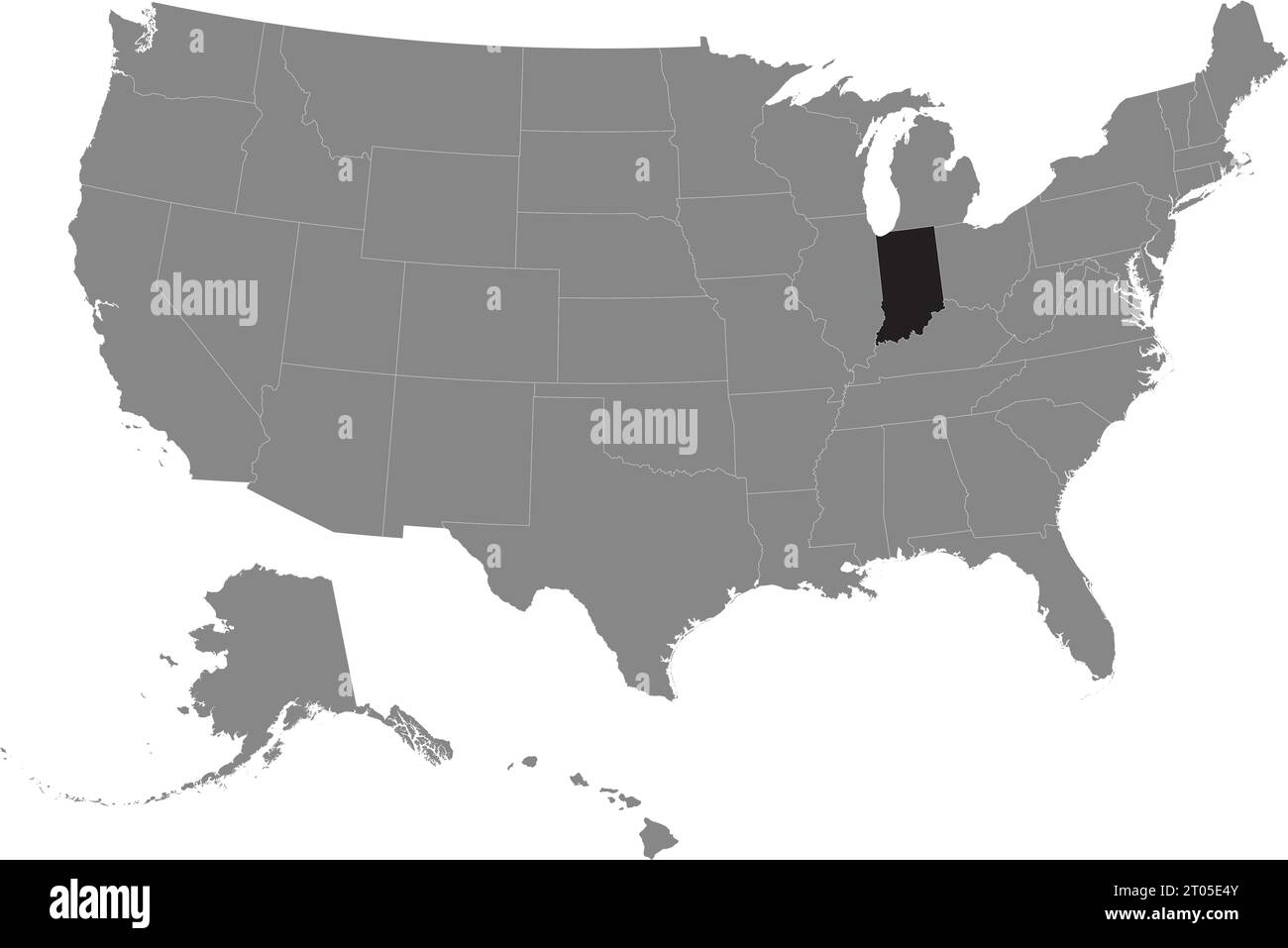 Mappa federale CMYK nera dell'INDIANA all'interno di una mappa politica grigia dettagliata degli Stati Uniti d'America su sfondo trasparente Illustrazione Vettoriale