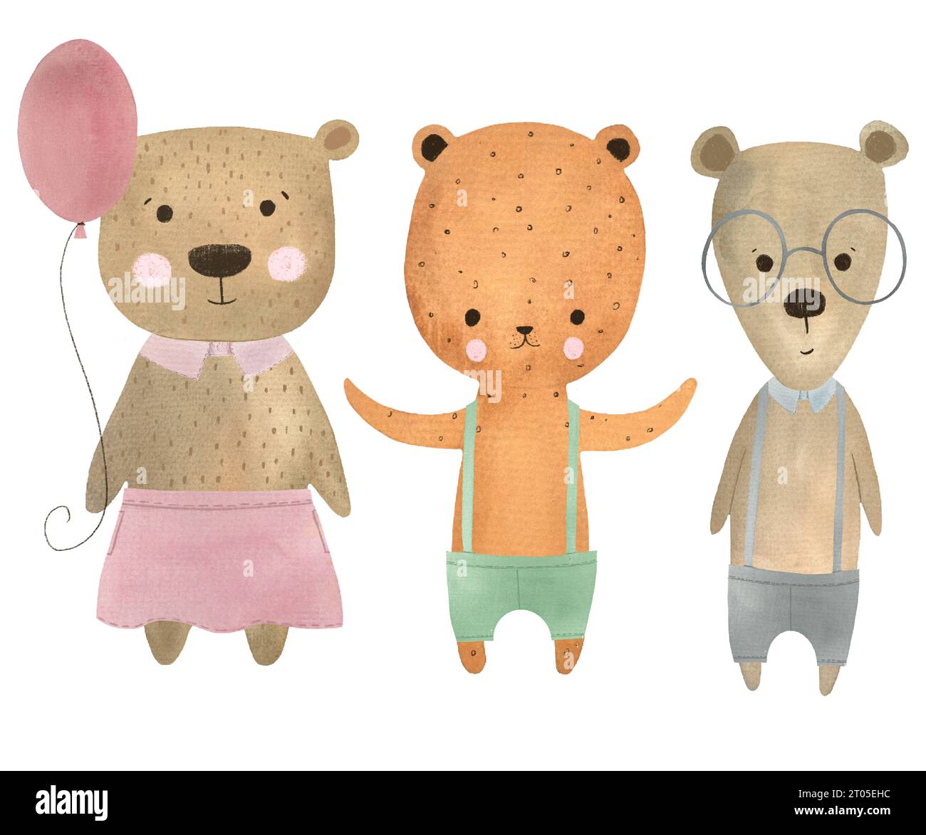 simpatici orsi minimalisti, semplice illustrazione ad acquerello disegnata a mano, simpatici orsi per bambini, immagini illustrative di prodotti per bambini, personaggio disegnato a mano isolato Foto Stock