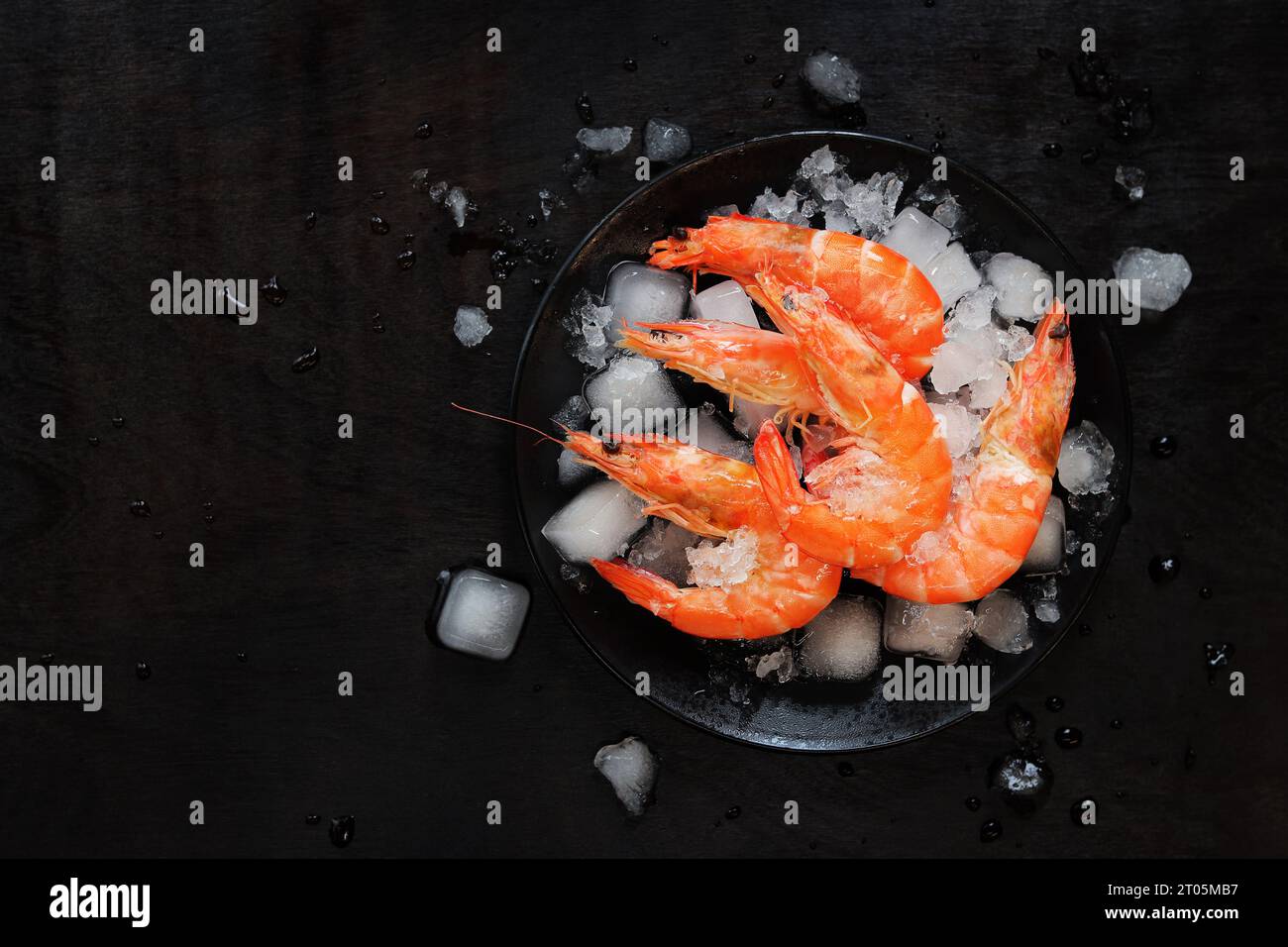 Grandi gamberi freddi in un piatto con ghiaccio su fondo di legno scuro. Gamberi bolliti in un piatto nero con ghiaccio. Gamberi freschi su sfondo nero, top Foto Stock