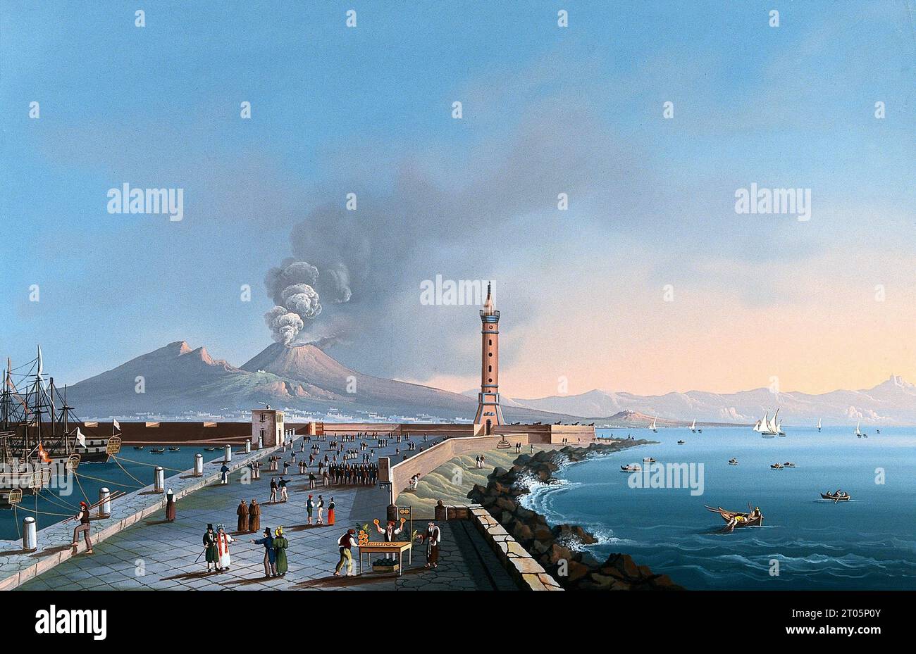 Molo Beverello, Napoli, Vesuvio sullo sfondo, porto in primo piano, pittura ca. 1830 Foto Stock