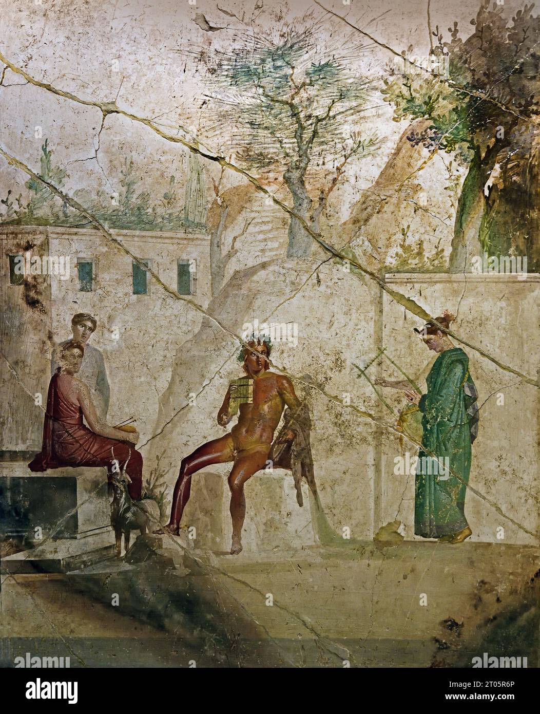 Pan suona il doppio flauto con una ninfa che suona la lira e altre due ninfe che le accompagnano. Casa di Jason (20-25). La città romana di fresco Pompei si trova vicino a Napoli, nella regione Campania. Pompei fu sepolta sotto 4-6 m di cenere vulcanica e pomice nell'eruzione del Vesuvio nel 79 d.C. Italia Foto Stock