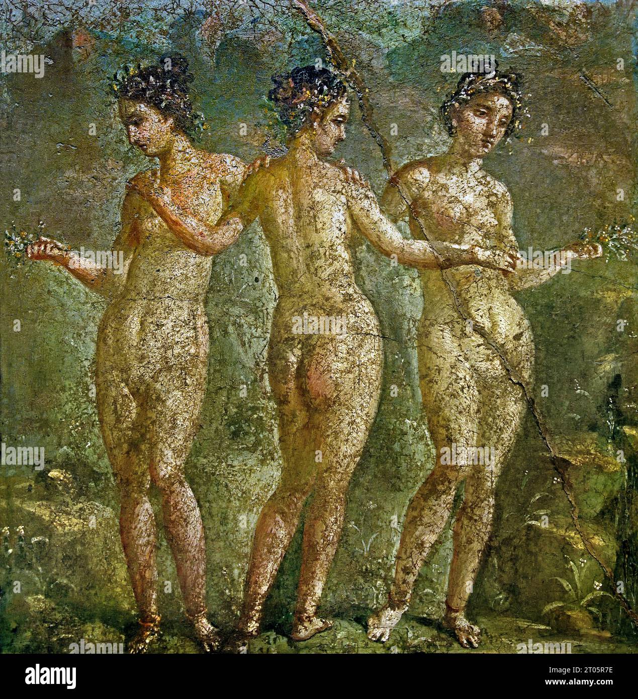 Tre Grazie - la città romana di fresco Pompei si trova vicino a Napoli, nella regione Campania d'Italia. Pompei fu sepolta sotto 4-6 m di cenere vulcanica e pomice nell'eruzione del Vesuvio nel 79 d.C. Italia Foto Stock