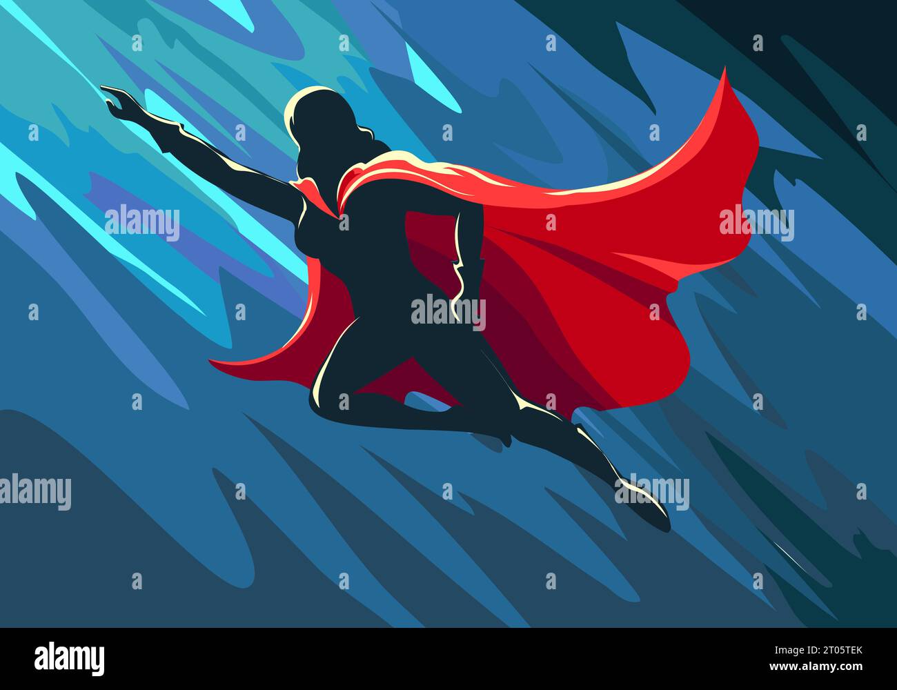 Super Hero femminile che vola nel Midnight Sky. Illustrazione vettoriale Illustrazione Vettoriale