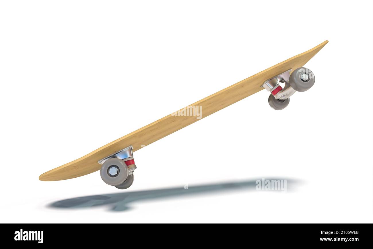 skateboard classico su sfondo bianco nel salto. rendering 3d. Foto Stock