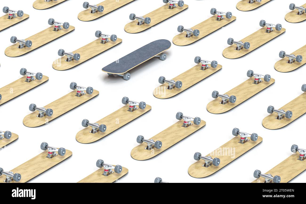 sfondo con skateboard ripetuto su bianco. rendering 3d. Foto Stock