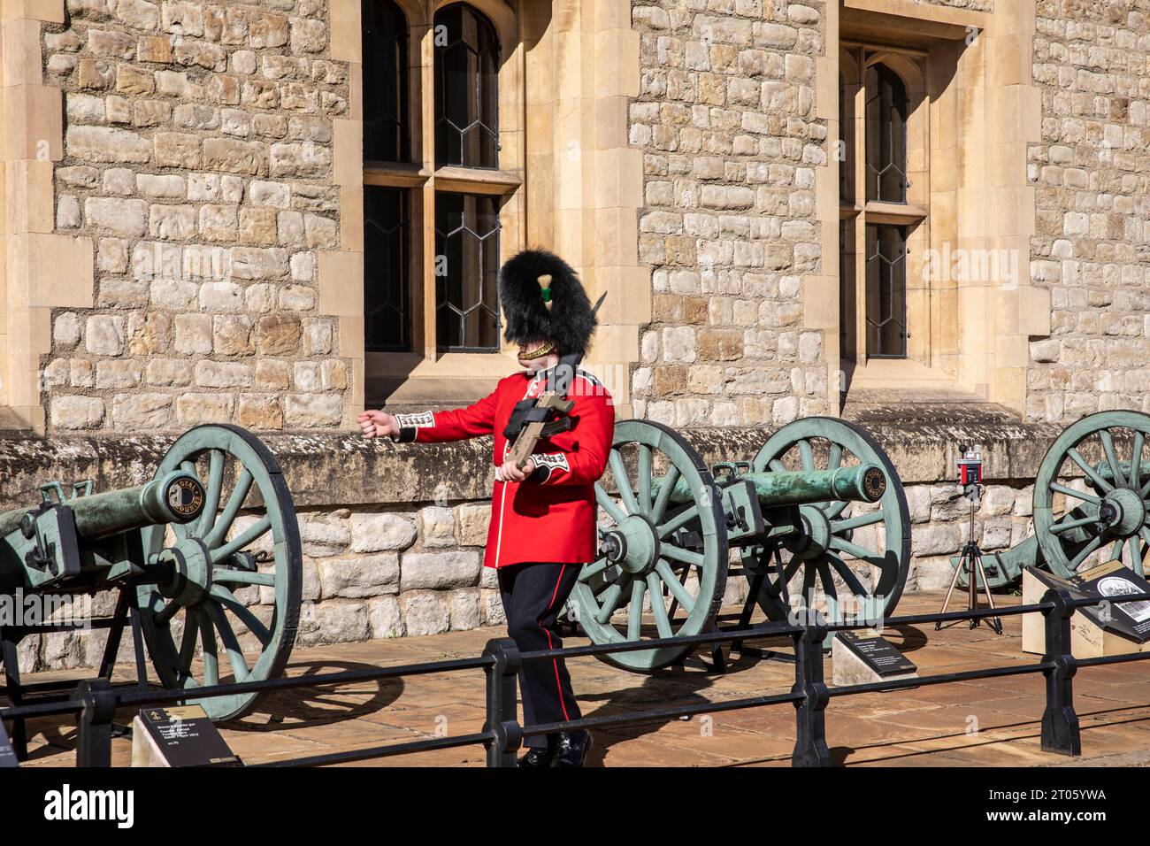 Guardia gallese e cannoni francesi catturati, servizio di sentinella all'esterno della Jewel House, Torre di Londra, Inghilterra, Regno Unito, soleggiata giornata calda Foto Stock