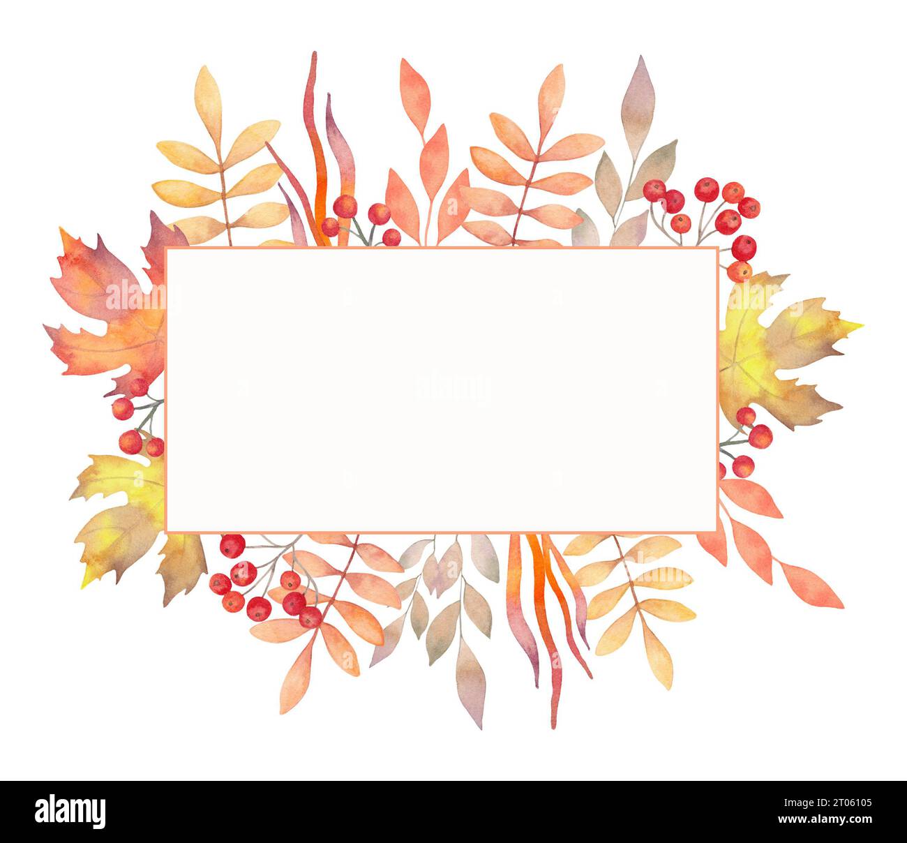 Cornice rettangolare, banner, sfondo foglie autunnali. Illustrazione botanica per biglietti di auguri, inviti di nozze, citazioni e decorazioni Foto Stock