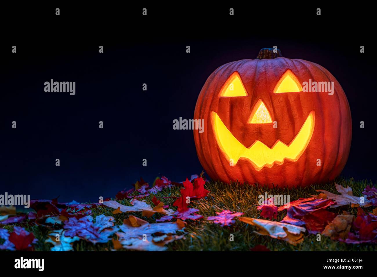 Un sorridente Jack o Lanterna con foglie cadute come decorazione di Halloween. Si illumina dalla luce interna ed è accentuata dalla luce blu della luna. Foto Stock