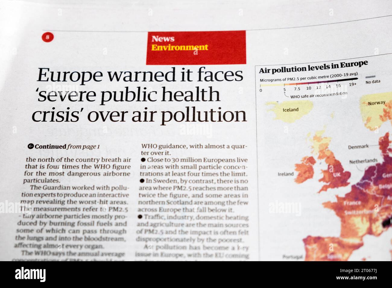 "L'Europa ha avvertito di affrontare una "grave crisi sanitaria pubblica" per l'inquinamento atmosferico" titolo del quotidiano Guardian notizie sull'ambiente articolo 21 settembre 2023 Regno Unito Foto Stock