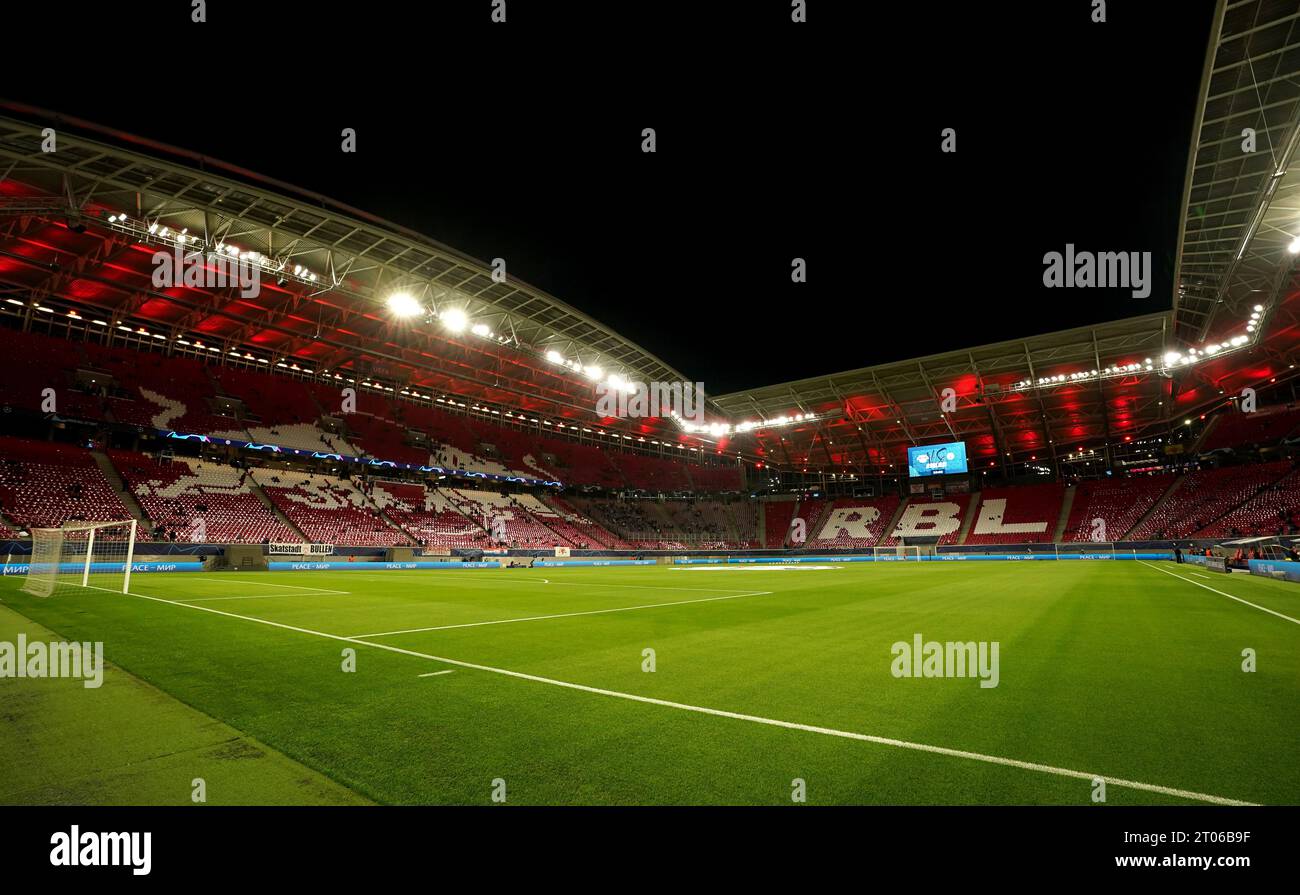 Una vista all'interno dello stadio prima della partita di UEFA Champions League Group G alla Red Bull Arena di Lipsia. Data foto: Mercoledì 4 ottobre 2023. Foto Stock