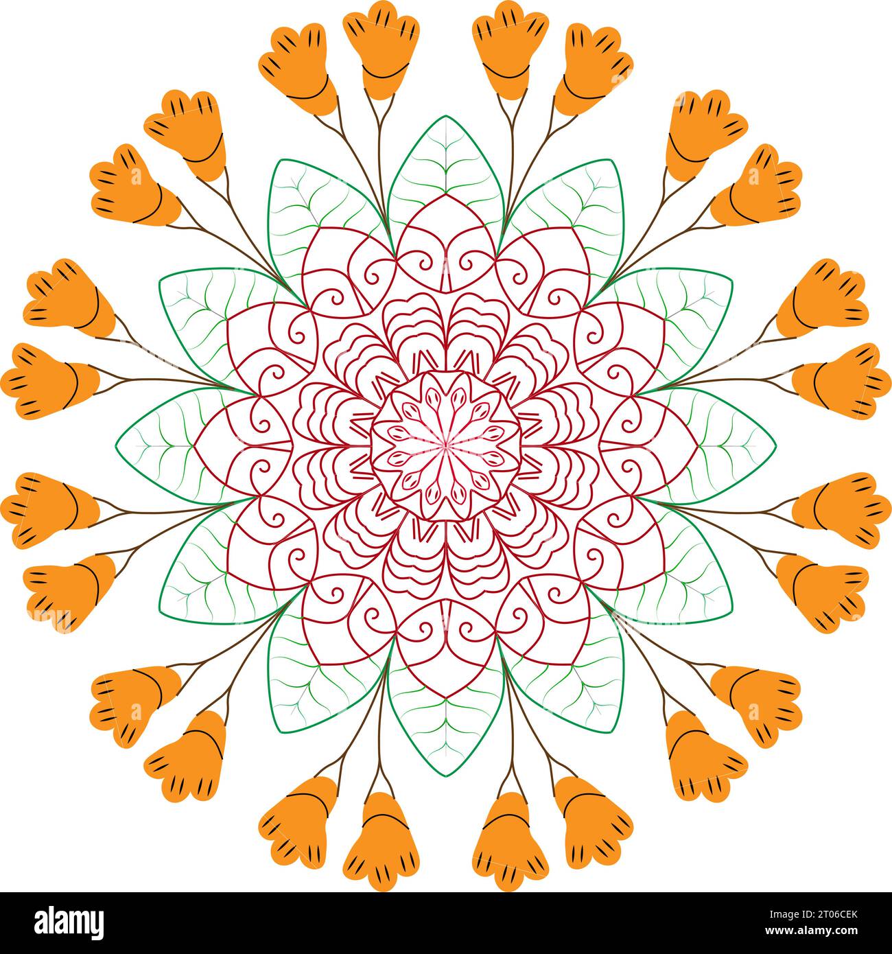 Un colorato motivo a mandala circolare floreale su sfondo bianco. Illustrazione Vettoriale