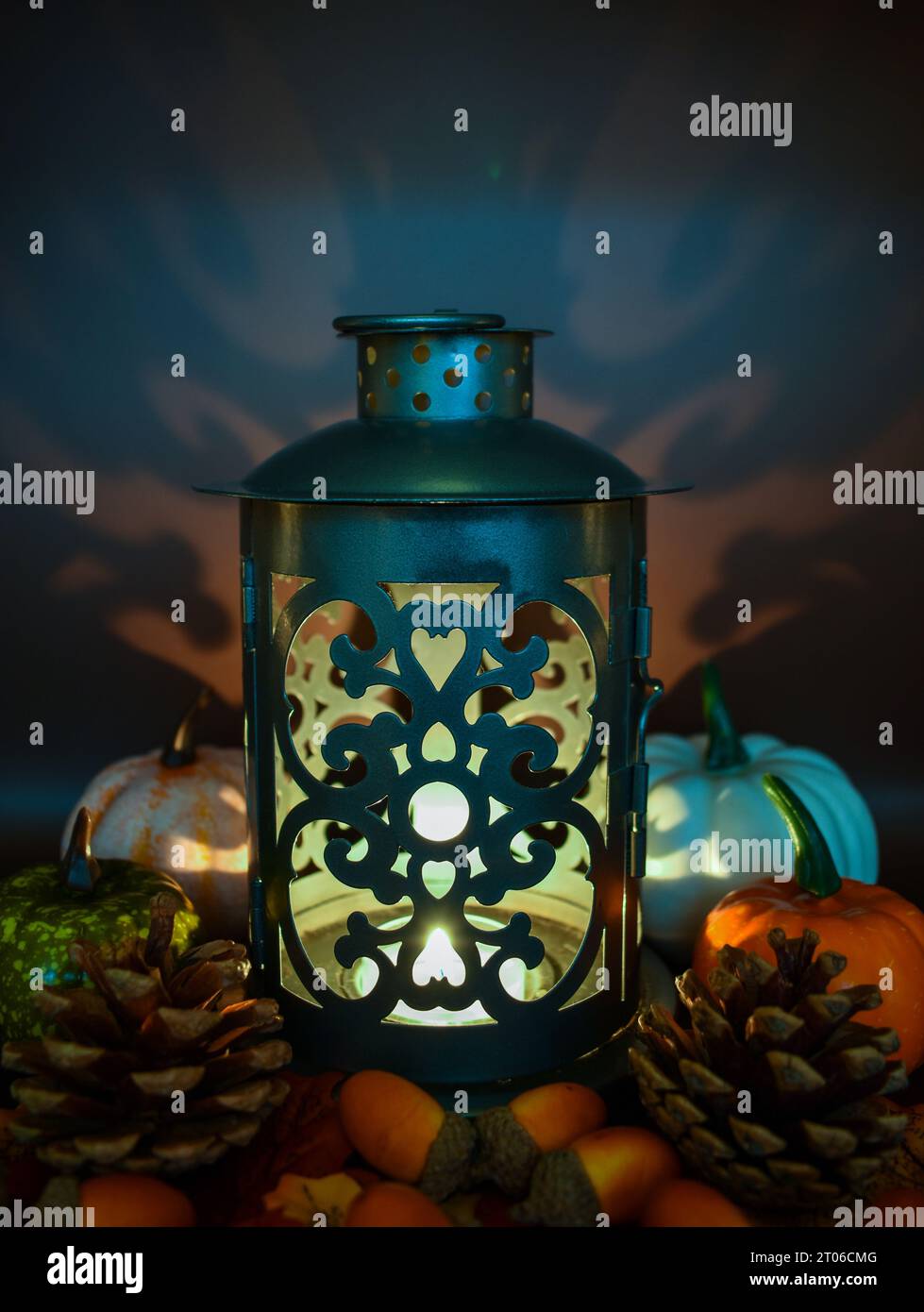 Una lanterna Tea Light illumina una scena autunnale con un'ombra sullo sfondo scuro. Foto Stock