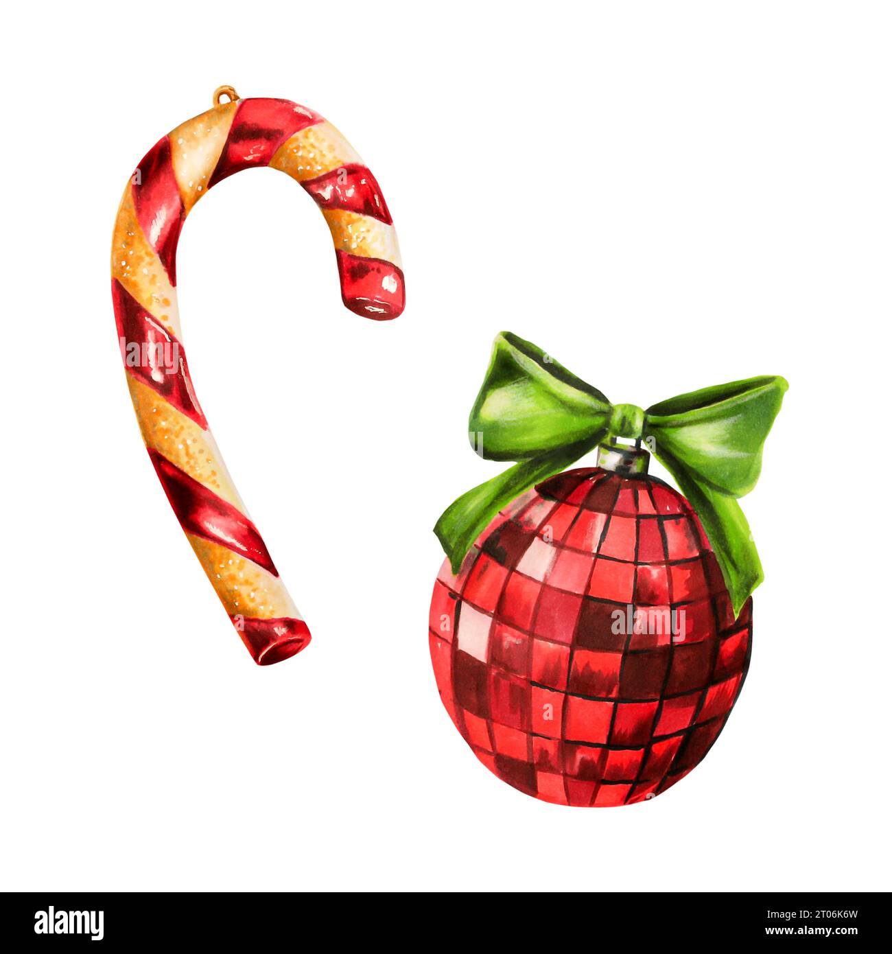 Illustrazioni di palline lucide e giocattoli per natale ad acquerello. Simbolo dipinto a mano di Capodanno isolato su sfondo bianco. Per designer, decorazione, negozio, f Foto Stock