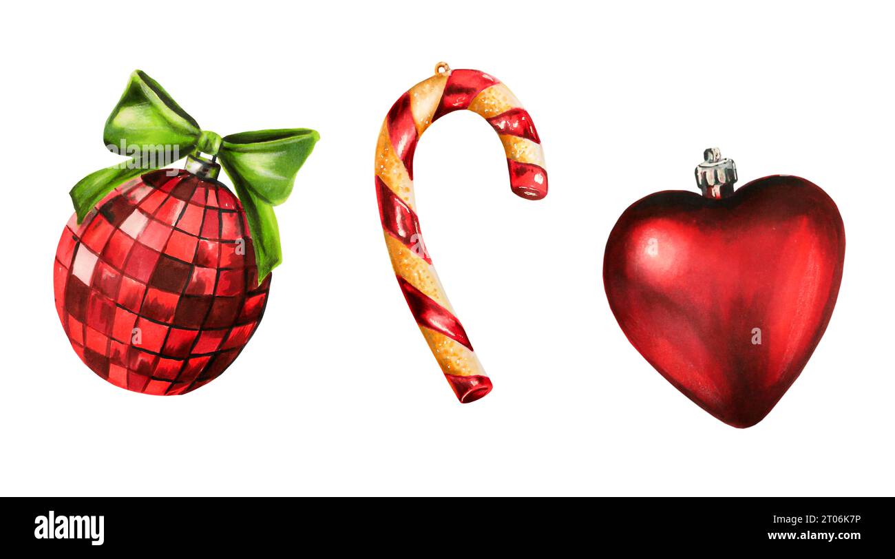 Illustrazioni di palline lucide e giocattoli per natale ad acquerello. Simbolo dipinto a mano di Capodanno isolato su sfondo bianco. Per designer, decorazione, negozio, f Foto Stock