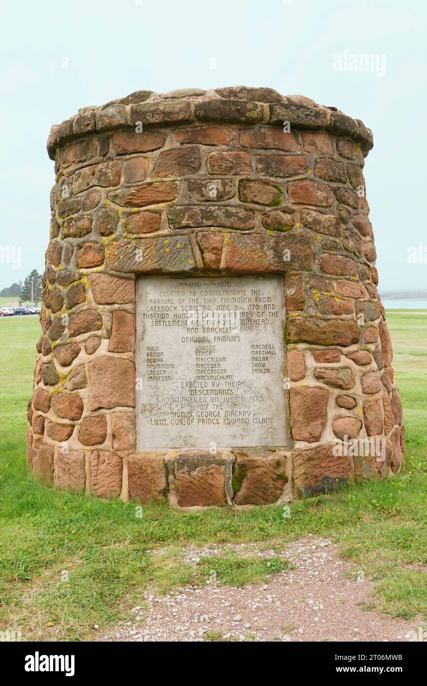 Monumento scozzese del Falmouth, Stanhope, PEI. Eretta per commemorare l'arrivo della nave Falmouth da Greenock, Scozia, nel 1770. Foto Stock