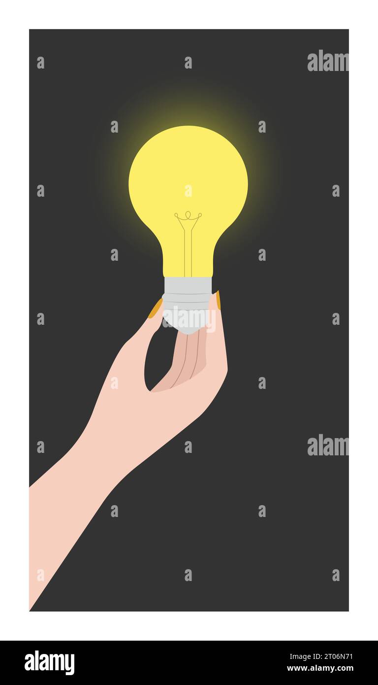 Human Hand contiene una lampadina luminosa luminosa luminosa su sfondo nero simbolo di lavoro di squadra, collaborazione e collaborazione l'illustrazione simboleggia idee creative Desi Illustrazione Vettoriale