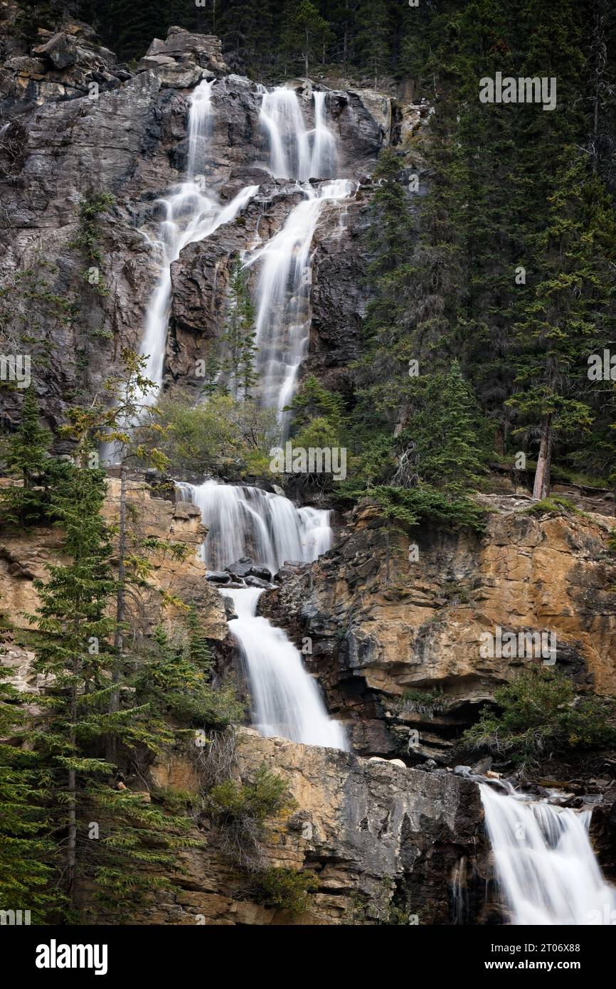 Tangle Falls a Jasper, Canada, scende a circa 115 metri dalla cima alla strada sottostante Foto Stock
